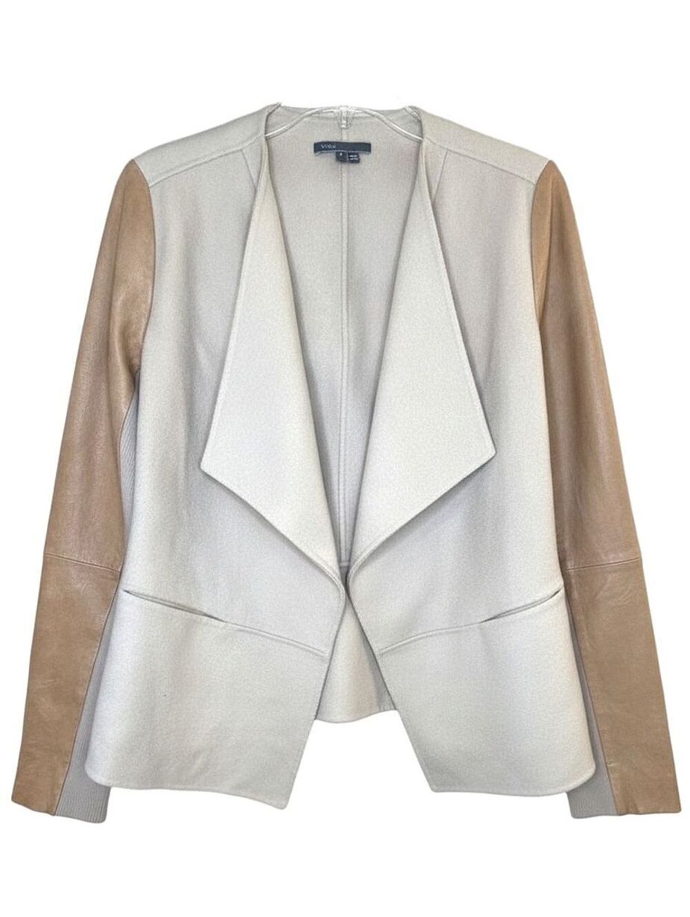 Vince Wool Lamb Leather Sleeve Draped Waterfall Jacket Beige Tan Size Small
